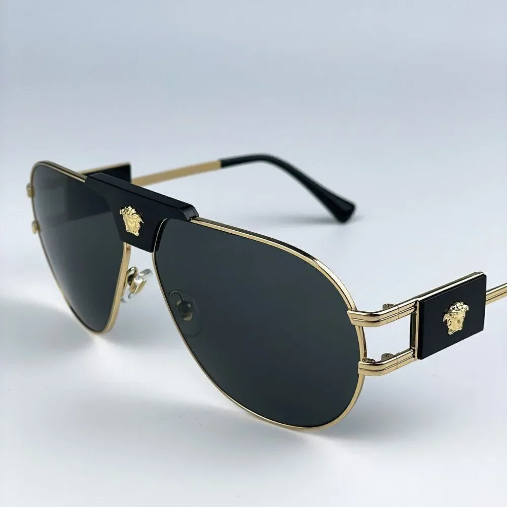 NEW Versace VE2252 100287 BRAND NEW Gold Dark Grey Metal Pilot Unisex Sunglasses